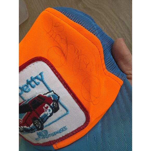 Vintage Richard Petty Mesh Snapback Trucker Hat Signed Racing Theme Blue & Orang - Picture 2 of 3